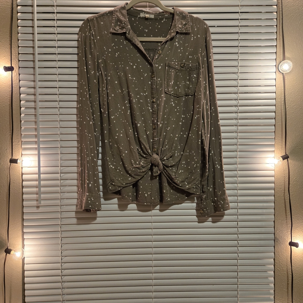 Olive Green Button-Up Shirt with Star Pattern